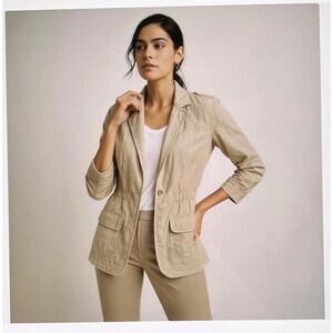 Chico’s 2 Women Utility Linen Blend Blazer Jacket Beige Military Safari Travel